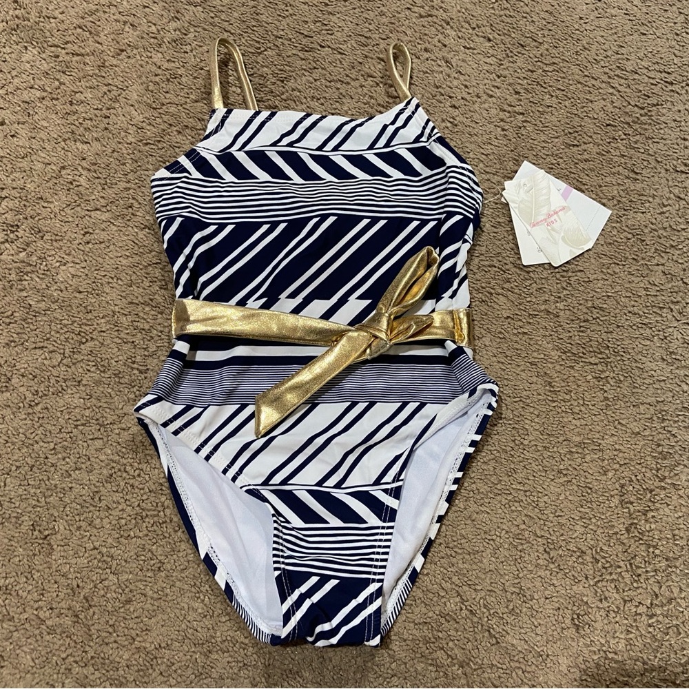 Tommy Bahama 1 Piece Swimsuit Navy/White Stripes Gold Tie Lined Girls Size 6 UPF